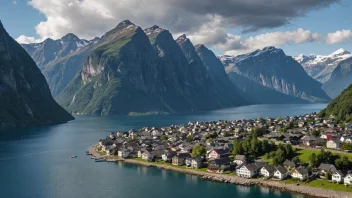 En fjellby med trehus og en kirke, omgitt av fjorder og fjell