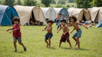 En gruppe glade romanibarn som leker sammen på en åker.