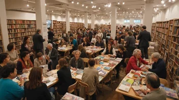 En livlig litteraturfestival med forfattere og bokelskere samlet sammen, omgitt av bøker og skriveutstyr.