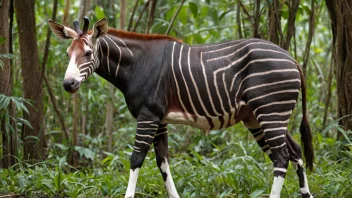 Et okapi som står i en skog med et uskarpt bakgrunn.