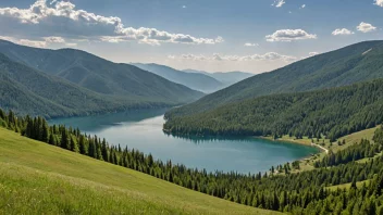 En storslagen utsikt over en fjellregion med frodig vegetasjon og en rolig innsjø.