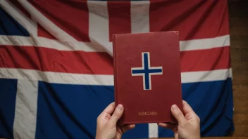 En person som holder en bok med et norsk flagg i bakgrunnen.