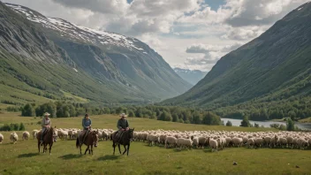 En gruppe mennesker på hesteryggen som samler inn sau i et vakkert norsk landskap.