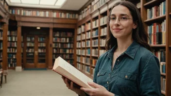 En person som holder en bok med et bibliotek eller en bokhandel i bakgrunnen