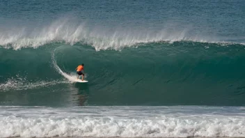 En person som rir på et surfboard på en bølge i havet, med en solfylt himmel og en strand i bakgrunnen