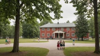 Et stort, gammeldags skolebygg med en skilt som leser 'Jenteskole' på norsk, omgitt av trær og en lekeplass med jenter som leker og ler sammen.