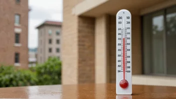 Et bilde av en termometer med en temperaturskala, brukt til å måle temperaturen i et rom eller en bygning.