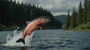 En laks som hopper ut av vannet, med en TV-skjerm i bakgrunnen som viser en dramatisk scene.