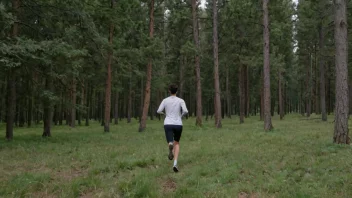 En person løper gjennom en skog, med en blanding av trær og åpne områder i bakgrunnen.