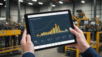 En person analyserer data på en tablet for å optimalisere ressursbruk i en fabrikk eller kontorsetting.