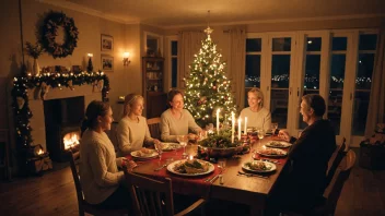 En tradisjonell norsk julescene med en familie som nyter et måltid sammen.