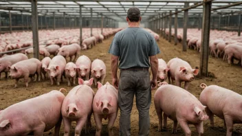 En stor grisefarm med mange griser og en bonde i bakgrunnen