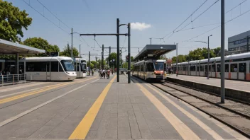 En moderne trikkstasjon med en sølvfarget trikk som har stoppet ved plattformen. Passasjerer venter på å gå ombord, mens andre går mot utgangen.