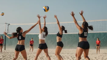 Et volleyballag i aksjon, med spillere som hopper og spiker ballen.