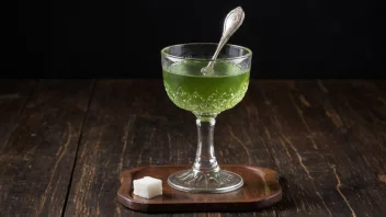 Et glass absintlikør med en absintskje og en sukkerbit.