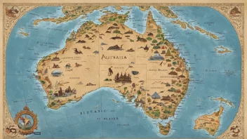 Et kart over Australia og Stillehavsøyene med en subtil mønster av urfolks australsk kunst i bakgrunnen.