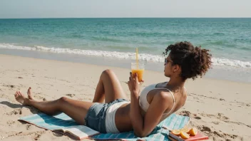 En fredelig sommeravbrekk-scene med en person som slapper av på en strand.