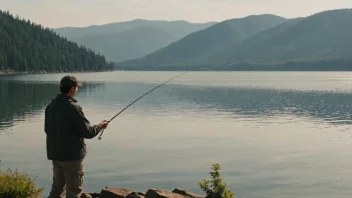 En person som fisker med en krok og en snøre, med en naturskjønn bakgrunn av en innsjø eller et hav.