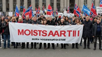 En protest mot regjeringen med et banner med teksten 'Motstandsparti'.