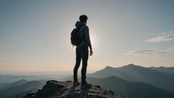 En person som står alene på et fjelltopp, med et sterkt og bestemt uttrykk, som symboliserer uavhengighet og selvstendighet.