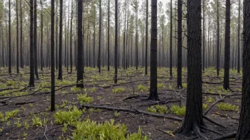 En skog som regenererer etter en brann, med nye planter og trær som vokser.