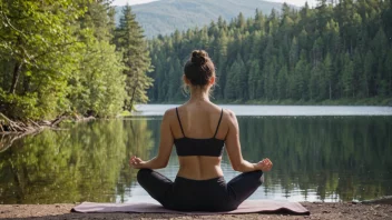 Et fredelig bilde av en person som mediterer i en rolig skog, med en stille innsjø i bakgrunnen.