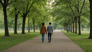 To personer som går sammen i en park, side om side