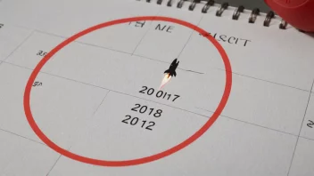 En kalender med en rød sirkel rundt en bestemt dato, med en rakett som skytes opp i bakgrunnen.