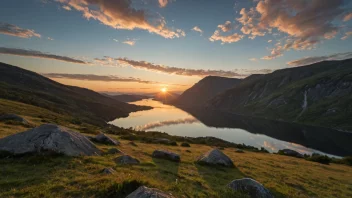 Et fredelig landskap med en vakker soloppgang i bakgrunnen.