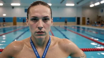 Et bilde av en profesjonell svømmer i en svømmebasseng, med en fokusert uttrykk og en medalje rundt halsen.