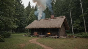 En hytte i skogen med stråtak og røyk som kommer ut av skorsteinen