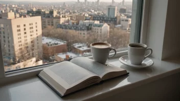 Et koselig vindusbrætt med en kopp kaffe og en bok, med utsikt over en travel by.