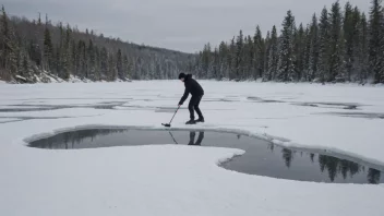 En person som spiller på en frossen dam med et snødekt landskap i bakgrunnen.