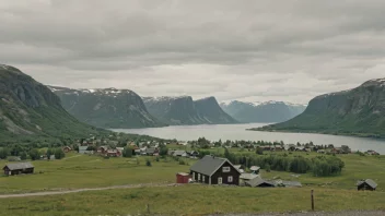 En pittoresk utsikt over en norsk landsby eller by med et skilt eller et kart som viser navnet 'Nordheims'.