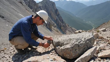 En geolog i hjelm og vest tar en bergprøve fra et fjell med en hammer og meisel