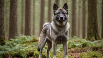 En norsk elghund, også kjent som en jaktsporehund, står i en skog, klar til å jakte.