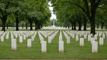 En fredelig krigsgravplass med et monument til ære for falne soldater.