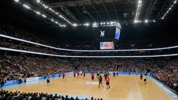 En håndballmatch i en stor arena med heppende tilskuere og spillere i aksjon