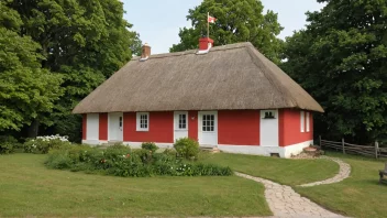 Et tradisjonelt bornholmsk hus med stråtak og en dansk flagg som flagrer i vinden.