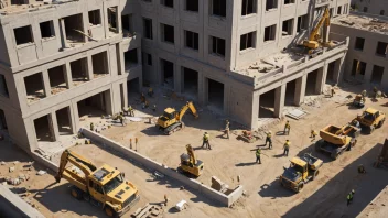 En bilde av en byggeplass med arbeidere, verktøy og bygninger i ulike faser av oppussing.