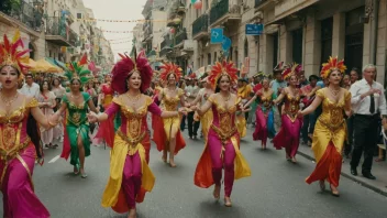 Et fargerikt og livlig optog med mennesker i alle aldre som deltar, kledd i fargerike kostymer, spiller musikk og danser.