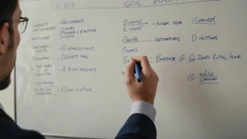 En person skriver en detaljert beskrivelse av et mål på en whiteboard, med en marker i hånden og et fokusert uttrykk.