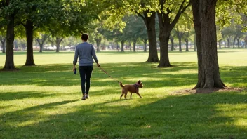 En person som går en hund på en leie i en park