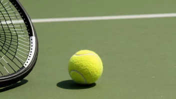 En tenniskule på en tennisbane med en racket i bakgrunnen