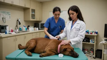 En veterinær behandler et såret dyr på en klinikk.