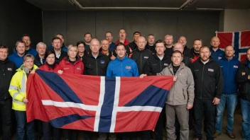 En gruppe arbeidere fra ulike fagforeninger som står sammen i solidaritet, med et norsk flagg i bakgrunnen.