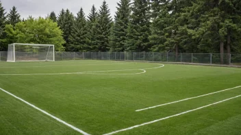 Et fotballbane med gjerde og trær i bakgrunnen.