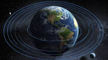 En illustrasjon av jorden med gravitasjonskrefter avbildet som linjer som stråler ut fra sentrum, med objekter av forskjellig masse og avstand fra jorden, som viser effekten av gravitasjonskraft.