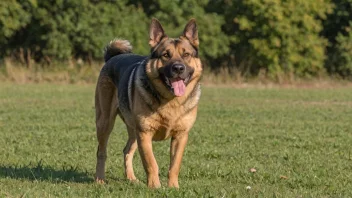 En stor hannhund med en ball i munnen.