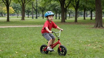 Et lite barn som sykler på en liten sykkel med hjul i en park på en solfylt dag